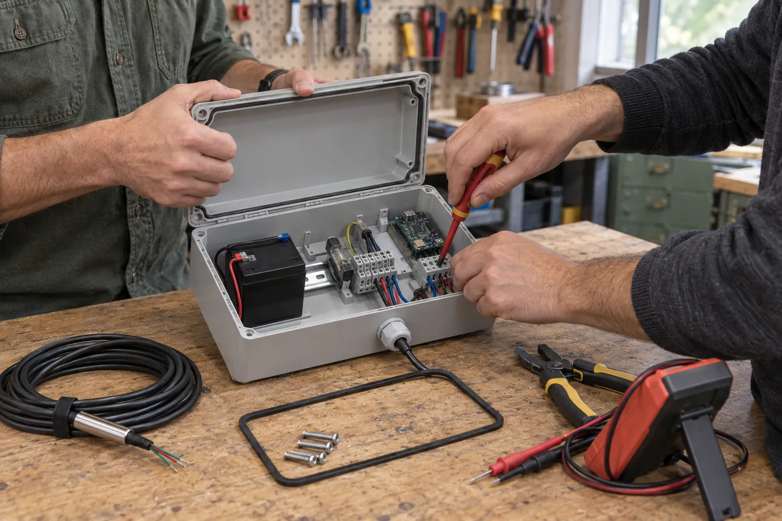 Two technicians wiring a weatherproof environmental monitoring enclosure at a workbench
