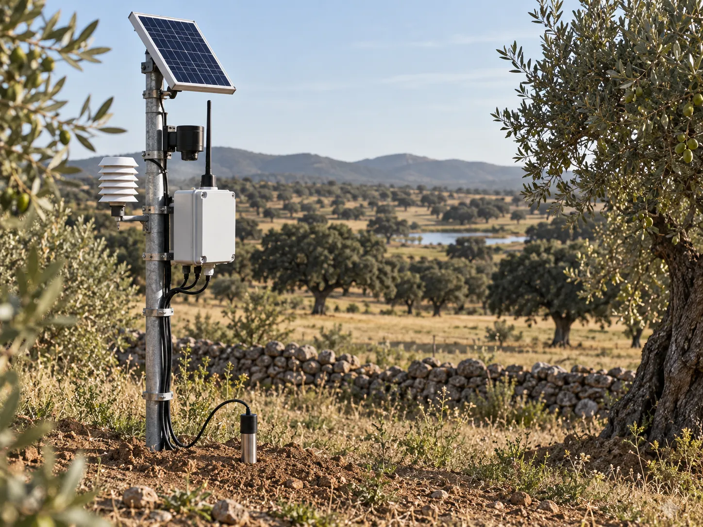 Solar-powered weather station with environmental sensors and a soil probe in a rural landscape