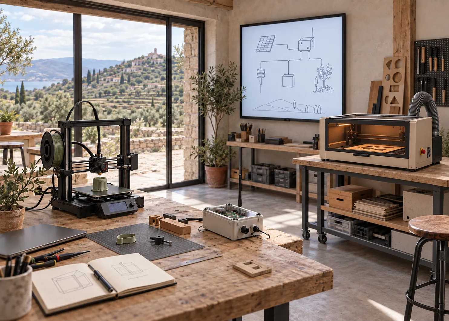 Conceptual rural laboratory with a 3D printer, enclosed laser cutter, digital whiteboard and sensing prototype beside a Mediterranean landscape.